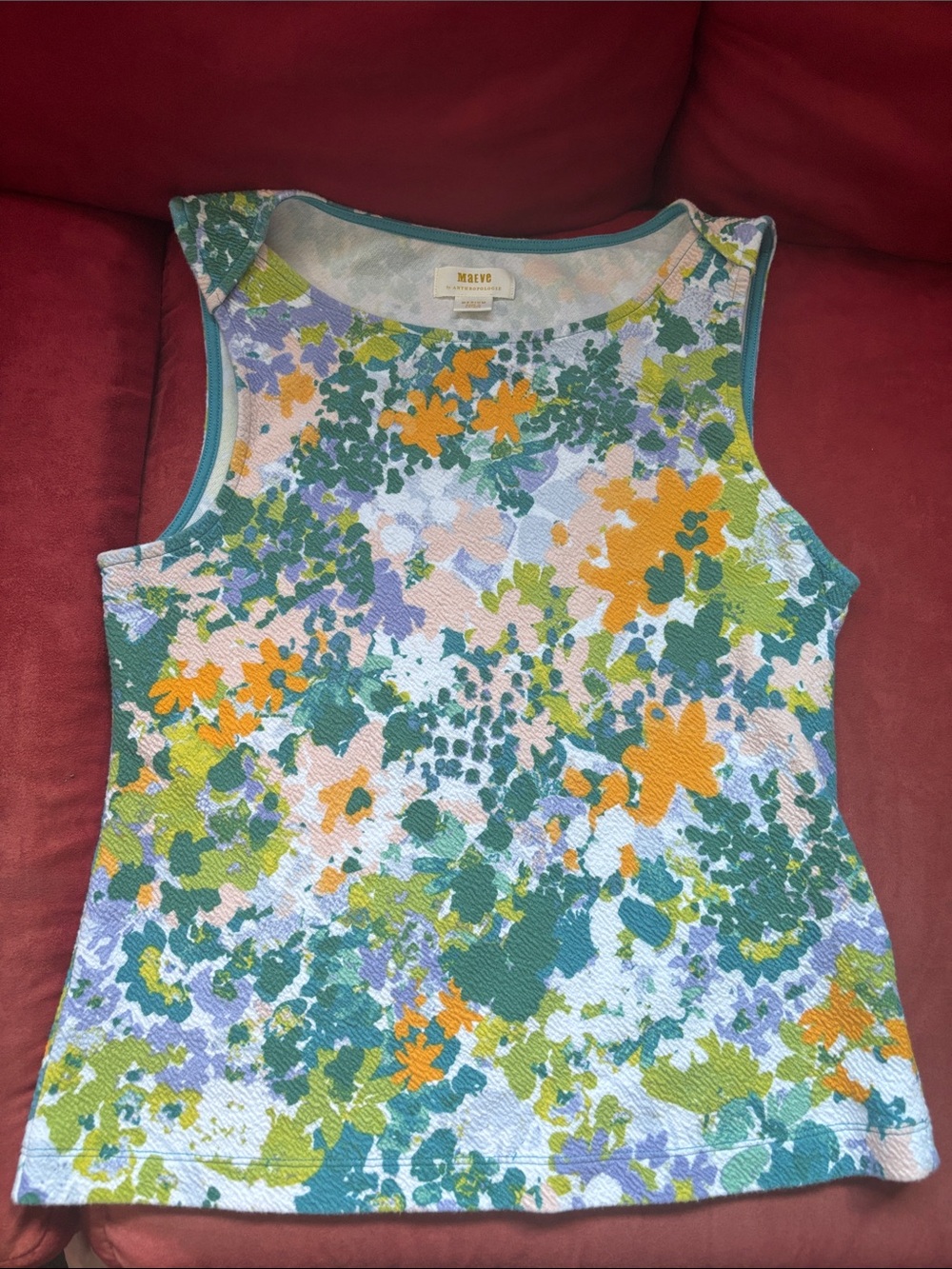 Anthropologie Floral Textured Sleeveless Tank in Teal, Orange & Green